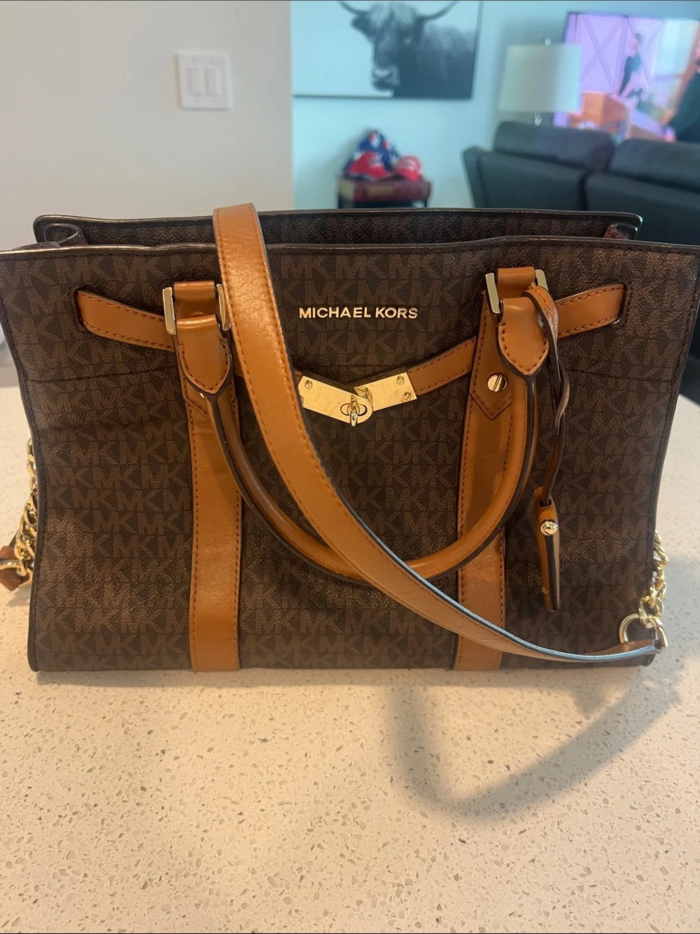Michael Kors Brown MK Logo Satchel with Tan Leather Trim and Gold Hardware